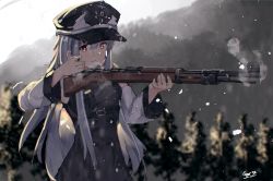 Rule 34 | 1girl, absurdres, bare shoulders, black hat, blurry, blurry background, bolt action, closed mouth, commentary, depth of field, dress, english commentary, gar32, girls&#039; frontline, grey dress, grey hair, gun, hat, highres, holding, holding gun, holding weapon, jacket, kar98k (girls&#039; frontline), long hair, long sleeves, looking away, mauser 98, name connection, object namesake, off shoulder, open clothes, open jacket, outdoors, peaked cap, red eyes, reloading, rifle, signature, sleeveless, sleeveless dress, smoke, smoking barrel, snow, snowing, solo, very long hair, weapon, white jacket
