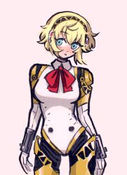 Rule 34 | 1girl, aegis (persona), android, blonde hair, blue eyes, blush, bow, bowtie, breasts, cowboy shot, highres, joints, large breasts, mechanical parts, megrocks, persona, persona 3, red bow, red bowtie, robot ears, robot joints, short hair, simple background, solo, standing
