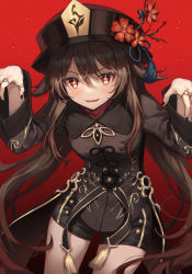 Rule 34 | 1girl, black coat, black hat, black shorts, blush, breasts, brown hair, coat, coattails, flower, genshin impact, hat, hat flower, highres, hu tao (genshin impact), jewelry, long hair, long sleeves, looking at viewer, open mouth, plum blossoms, r o ha, red eyes, ring, shorts, small breasts, smile, solo, symbol-shaped pupils, thighs, twintails, very long hair
