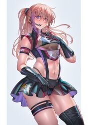 Rule 34 | 1girl, armband, black bra, black gloves, black panties, black shirt, black skirt, blue background, blue eyes, border, bra, breasts, brick (atelier brick), cameltoe, cleft of venus, commentary, copyright name, crop top, earpiece, elbow gloves, english commentary, from below, girls&#039; frontline, gloves, gradient hair, hand on own chest, highres, linea alba, long hair, looking at viewer, looking down, midriff, miniskirt, multicolored hair, navel, one side up, panties, pink hair, pleated skirt, purple hair, race queen, see-through, see-through shirt, see-through skirt, shirt, simple background, skindentation, skirt, sleeveless, sleeveless shirt, small breasts, solo, st ar-15 (girls&#039; frontline), thigh strap, thong, two-tone hair, underwear, white border