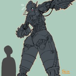 Rule 34 | 1girl, 1other, artist name, blue eyes, blush, bucket-wheel excavator, cable, flying sweatdrops, gears, green background, height difference, highres, humanoid robot, industrial, joints, lights, looking back, looking down, mecha, original, piston, robot, shion humine, simple background