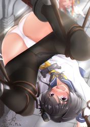 Rule 34 | 2girls, absurdres, anchor, anchor symbol, ass, black hair, blush, bound, bound arms, bound legs, bound wrists, cameltoe, clothes pull, commentary request, dress, giraffe (ilconte), gradient hair, grey hair, hat, headgear, highres, kagerou (kancolle), kantai collection, long sleeves, looking at viewer, multicolored hair, multiple girls, open mouth, panties, pantyhose, pantyhose pull, sailor dress, shoes, short hair, short hair with long locks, sidelocks, smokestack hair ornament, thighband pantyhose, tokitsukaze (kancolle), underwear, white panties