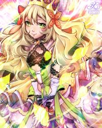 Rule 34 | 1girl, blonde hair, bow, brooch, celine (fire emblem), commentary, crown, detached sleeves, dress, fire emblem, fire emblem engage, green bow, green eyes, highres, jewelry, long hair, long sleeves, looking at viewer, nintendo, own hands together, smile, smkittykat, solo, very long hair
