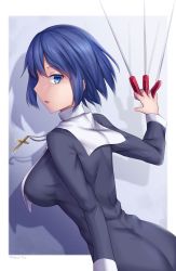 Rule 34 | 1girl, ass, between fingers, black dress, black keys (type-moon), blue eyes, blue hair, breasts, ciel (tsukihime), commentary request, cross, cross necklace, crossed fingers, dress, habit, hair between eyes, highres, holding, holding sword, holding weapon, jewelry, large breasts, latin cross, long sleeves, looking at viewer, necklace, nun, shadow, short hair, solo, soukitsu, sword, tsukihime, tsukihime (remake), twitter username, weapon