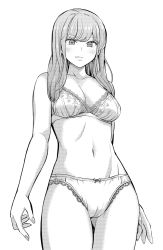 Rule 34 | 1girl, bra, breasts, collarbone, greyscale, highres, long hair, looking at viewer, applying manicure, monochrome, navel, original, panties, small breasts, smile, solo, underwear, underwear only, white background, yamakeitokokoro