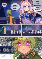 Rule 34 | 4girls, absurdres, blurry, blurry background, capelet, chibi, collei (genshin impact), commentary, countdown timer, despair, earrings, english commentary, english text, gameplay mechanics, genshin impact, green hair, highres, hood, hood down, hooded capelet, jewelry, leaning forward, monster, multicolored hair, multiple girls, nahida (genshin impact), nilou (genshin impact), open mouth, pink eyes, purple eyes, purple hair, purple ribbon, red hair, ribbon, sangonomiya kokomi, shaded face, shorts, single earring, speech bubble, talking, teeth, tsukiaki teriyaki, upper teeth only, white hair