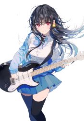 Rule 34 | 1girl, artist name, black hair, black thighhighs, blush, cardigan, choker, earrings, electric guitar, guitar, instrument, jewelry, long hair, long sleeves, looking at viewer, nail polish, neckerchief, open cardigan, open clothes, original, pleated skirt, school uniform, shirt, simple background, skirt, sleeves past wrists, smile, solo, standing, star (symbol), star earrings, sukja, thighhighs, white background, white shirt
