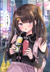 Rule 34 | 1girl, backpack, bag, black nails, black shirt, brown hair, building, can, city, clothing cutout, commentary request, drinking straw, drunk, emoji, energy drink, flying sweatdrops, hair ornament, hairclip, highres, holding, holding can, long hair, long sleeves, looking at viewer, masayo (gin no ame), monster energy, nail polish, open mouth, original, outdoors, pink nails, pink skirt, pleading face emoji, purple eyes, shirt, shoulder cutout, skirt, solo, strong zero, translation request, two side up
