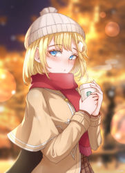 Rule 34 | 1girl, :o, absurdres, beanie, beige coat, beige headwear, blonde hair, blue eyes, blurry, blurry background, blush, brown skirt, coat, coffee cup, cup, disposable cup, hair ornament, hat, highres, holding, holding cup, hololive, hololive english, light particles, lights, long sleeves, medium hair, monocle, night, open mouth, outdoors, plaid, plaid skirt, product placement, red scarf, scarf, skirt, solo, starbucks, steam, tfqr, upper body, virtual youtuber, watson amelia