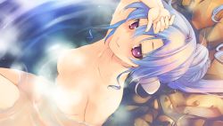 Rule 34 | 1girl, aquaplus, blue hair, convenient censoring, dungeon travelers 2, from above, game cg, hand on another&#039;s head, hand on own head, ist, jitome, kokonoka, leaning back, long hair, nude, official art, onsen, ponytail, purple eyes, sitting, smile, solo, steam, wading, water