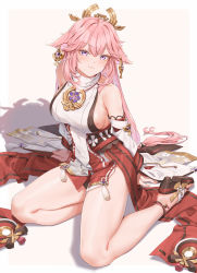 Rule 34 | 1girl, animal ears, arm support, bare shoulders, blush, breasts, commentary request, earrings, fangxiang cuoluan, fingernails, floppy ears, fox ears, genshin impact, hair ornament, high heels, highres, japanese clothes, jewelry, lips, long hair, looking at viewer, medium breasts, obi, pink hair, purple eyes, sash, simple background, sitting, sleeveless, smile, thighs, white background, yae miko