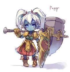 Rule 34 | 1girl, blue eyes, blue skin, boots, character name, colored skin, dress, gauntlets, hammer, league of legends, leather, leather boots, pointy ears, poppy (league of legends), shield, shoulder plates, sketch, solo, twintails, ukyo rst, war hammer, warhammer, weapon, white hair, yordle