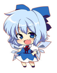 Rule 34 | 1girl, bad id, bad pixiv id, blue dress, blue eyes, blue hair, blush, bow, chibi, cirno, dress, fairy, fang, female focus, full body, hair bow, hands on own hips, ice, matatabi maru, matching hair/eyes, open mouth, ribbon, short hair, simple background, smile, solo, touhou, white background, wings