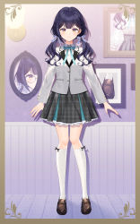 Rule 34 | 1girl, absurdres, black footwear, black hair, blazer, blue bow, bow, center frills, closed mouth, copyright request, frilled skirt, frills, full body, grey jacket, grey skirt, hair bow, highres, jacket, kneehighs, loafers, long hair, long sleeves, low twintails, multiple views, myusha, plaid, plaid bow, plaid skirt, purple bow, red eyes, shirt, shoes, skirt, smile, socks, twintails, virtual youtuber, white shirt, white socks