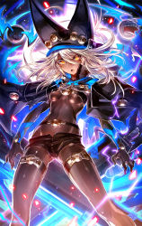 Rule 34 | 1girl, areola slip, belt, breasts, cape, dark-skinned female, dark skin, guilty gear, guilty gear xrd, hat, long hair, looking at viewer, open mouth, oro (sumakaita), ramlethal valentine, shorts, small breasts, solo, teeth, thigh strap, underboob, white hair, yellow eyes