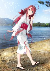 Rule 34 | 1girl, absurdres, ahoge, asymmetrical bangs, blue eyes, blue sky, cloud, day, floral print, hair ribbon, hairband, highres, japanese clothes, kantai collection, kawakaze (kancolle), kimono, lake, leaning forward, long hair, looking at viewer, low twintails, mountain, official alternate costume, outdoors, photo background, red hair, ribbon, sandals, sidelocks, simple background, sky, solo, sorairo haruka, twintails, v, very long hair, water, white kimono, yukata, zouri