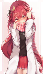 Rule 34 | 1girl, ahoge, alternate costume, blush, braid, breasts, coat, commentary request, crescent, crescent hair ornament, crescent pin, embarrassed, hair ornament, hair ribbon, twirling hair, highres, kantai collection, long hair, long sleeves, looking at viewer, low-tied long hair, natsu narumi, pink eyes, pleated skirt, rabbit hair ornament, red eyes, ribbon, scarf, shirt, simple background, skirt, solo, uzuki (kancolle), very long hair