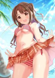 Rule 34 | 1girl, :d, bare shoulders, bikini, bikini under clothes, blue sky, blurry, blurry background, blush, breasts, brown eyes, brown hair, brown skirt, clothes lift, cloud, collarbone, cowboy shot, day, dot nose, from below, highres, holding, idolmaster, idolmaster cinderella girls, idolmaster cinderella girls starlight stage, lens flare, lifting own clothes, long hair, looking at viewer, medium breasts, navel, ocean, one side up, open mouth, outdoors, palm tree, plaid, plaid skirt, pleated skirt, rainbow, red bikini, shimamura uzuki, side-tie bikini bottom, skirt, skirt lift, sky, smile, solo, standing, striped bikini, striped clothes, sunlight, swimsuit, teeth, tktk135, tree, underboob, upper teeth only, v