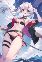 Rule 34 | 1girl, anichika, belt, bikini, black bikini, breasts, cloud, cloudy sky, fang, highres, holding, holding sword, holding weapon, hololive, horns, long hair, looking at viewer, multicolored hair, nakiri ayame, navel, open mouth, outdoors, red eyes, red hair, skin-covered horns, sky, small breasts, streaked hair, swimsuit, sword, thigh belt, thigh strap, virtual youtuber, water, weapon, white hair