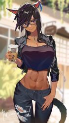 Rule 34 | abs, absurdres, animal ears, warrior of light (ff14), black hair, black jacket, breasts, cat ears, cat girl, cat tail, cleavage, closed mouth, commentary, commission, crop top, crop top overhang, cropped jacket, cup, denim, earrings, final fantasy, final fantasy xiv, glasses, hand in pocket, head tilt, highres, holding, holding cup, ibaraki shun, jacket, jeans, jewelry, large breasts, long hair, midriff, navel, necklace, open clothes, open jacket, original, outdoors, pants, purple eyes, skeb commission, sleeves rolled up, smile, stomach, styrofoam, tail, toned, torn clothes, torn jeans, torn pants