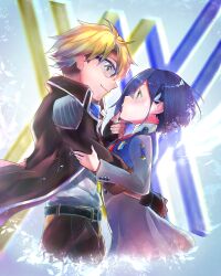 Rule 34 | 1boy, 1girl, arms around waist, belt, black belt, black dress, black gloves, black jacket, blonde hair, blue-framed eyewear, blue background, blue hair, blue scarf, blush, bob cut, brown pants, closed mouth, commentary, couple, cropped legs, darling in the franxx, dress, dress shirt, eye contact, face-to-face, fingerless gloves, floating clothes, floating hair, from side, gloves, gorou (darling in the franxx), green eyes, grey dress, hair ornament, hair over one eye, hairclip, hand on another&#039;s arm, hand on another&#039;s chin, height difference, hetero, highres, hug, ichigo (darling in the franxx), imminent kiss, jacket, long sleeves, looking at another, military uniform, open clothes, open jacket, over-rim eyewear, pants, safety glasses, scarf, semi-rimless eyewear, shards, shirt, short hair, smile, surprised, tsuki (otsuchi028), two-tone dress, uniform, white shirt, wrap-around shades