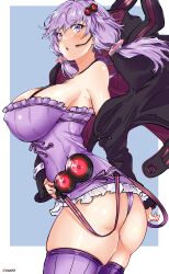 Rule 34 | 1girl, absurdres, aiuti, alternate breast size, artist name, ass, bare shoulders, black hoodie, breasts, commentary request, curvy, dress, from side, grey background, hair ornament, headset, highres, hood, hoodie, large breasts, looking at viewer, low twintails, medium hair, open mouth, panties, purple dress, purple eyes, purple hair, purple panties, purple thighhighs, simple background, solo, thighhighs, thighs, twintails, underwear, voiceroid, yuzuki yukari