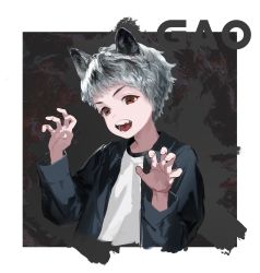 Rule 34 | 1boy, absurdres, animal ears, black background, grey hair, hands up, highres, long sleeves, looking at viewer, muraichi, open mouth, original, red eyes, short hair, solo, upper body