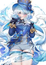 Rule 34 | 1girl, absurdres, asymmetrical gloves, black gloves, blue eyes, blue hair, blue hat, blue jacket, commentary request, cowboy shot, dasha, furina (genshin impact), genshin impact, gloves, grey shorts, grin, hat, highres, jacket, long hair, long sleeves, looking at viewer, mismatched gloves, revision, short shorts, shorts, smile, solo, standing, thigh strap, thighs, top hat, very long hair, white background, white gloves