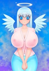 Rule 34 | 1girl, akiranime, angel and devil, angel wings, animated, animated gif, blue eyes, blue hair, blush, bouncing breasts, breasts, cleavage, collarbone, covered erect nipples, cowboy shot, demon horns, demon wings, denim, dual persona, female focus, fire, flashing, halo, heart, heart-shaped pupils, horns, huge breasts, jeans, large areolae, long hair, looking at viewer, looping animation, navel, nipples, open clothes, open shirt, original, own hands together, pants, pink shirt, red eyes, shirt, skull, smile, solo, symbol-shaped pupils, thigh gap, wide hips, wings