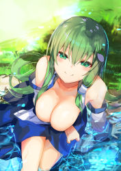 Rule 34 | 1girl, amamitsu kousuke, arm across waist, arm support, blush, breasts, cleavage, collarbone, day, detached sleeves, frog, frog hair ornament, from above, green eyes, green hair, hair between eyes, hair ornament, highres, kochiya sanae, large breasts, long hair, looking at viewer, nontraditional miko, outdoors, partially submerged, shirt, sidelocks, sitting, sleeveless, sleeveless shirt, smile, snake hair ornament, solo, touhou, wet