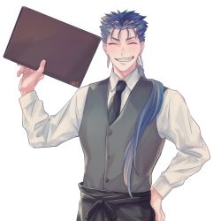 Rule 34 | 1boy, beads, blue hair, buttons, closed eyes, closed mouth, collared shirt, cu chulainn (fate), cu chulainn (fate/stay night), earrings, fang, fate/stay night, fate (series), grin, hair beads, hair ornament, hand on own hip, happy, holding, jewelry, kajijii, long hair, long sleeves, male focus, menu, necktie, official alternate costume, ponytail, red eyes, shirt, simple background, smile, solo, spiked hair, type-moon, vest, waiter, white background