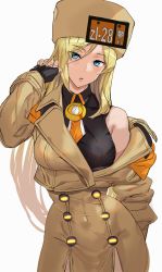 Rule 34 | 1girl, ashiomi masato, bare shoulders, black gloves, blue eyes, blush, coat, covered navel, fingerless gloves, gloves, guilty gear, guilty gear strive, hair between eyes, hat, long hair, looking at viewer, millia rage, off shoulder, parted lips, simple background, solo, white background