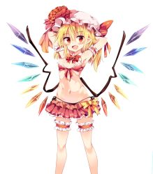 Rule 34 | 1girl, arm garter, armpits, arms behind head, bikini, bikini skirt, black bikini, blonde hair, blush, bow, bowtie, breasts, bridal garter, detached collar, fang, flandre scarlet, flower, frilled bikini, frills, front-tie top, hair between eyes, hat, hat flower, hat ribbon, highres, looking at viewer, maturiuta sorato, microskirt, mismatched bikini, mob cap, navel, open mouth, pointy ears, red bikini, red bow, red bowtie, red eyes, red ribbon, ribbon, side-tie bikini bottom, simple background, skirt, small breasts, smile, solo, standing, stomach, swimsuit, touhou, white background, wings, yellow bow