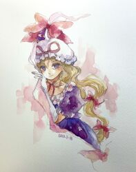Rule 34 | 1girl, absurdres, blonde hair, bow, bowtie, dated, dress, frilled dress, frilled sleeves, frills, gloves, hair ribbon, hat, highres, long hair, looking at viewer, mob cap, one-hour drawing challenge, painting (medium), portal (object), purple dress, purple eyes, purple skirt, red bow, red ribbon, ribbon, shiroma (mamiko), skirt, touhou, traditional media, watercolor (medium), white background, white gloves, white hat, yakumo yukari