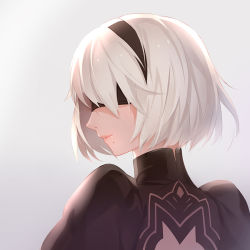 Rule 34 | 1girl, black dress, blindfold, commentary request, covered eyes, dress, grey background, hairband, mole, mole under mouth, nier (series), nier:automata, portrait, profile, short hair, simple background, smile, solo, tamaxi, turtleneck, white hair, 2b (nier:automata)