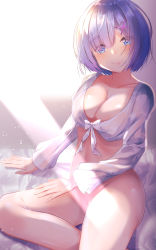 Rule 34 | 10s, 1girl, absurdres, arm support, bare legs, bed, blue eyes, blue hair, blush, bottomless, breasts, cleavage, closed mouth, collarbone, crop top, day, front-tie top, hair ornament, hair over one eye, head tilt, highres, indoors, large breasts, light particles, light rays, long sleeves, looking at viewer, on bed, re:zero kara hajimeru isekai seikatsu, rem (re:zero), shirt, short hair, sitting, smile, solo, suisen-21, thighs, white shirt, x hair ornament