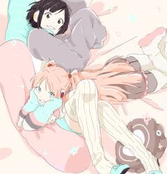 Rule 34 | 2girls, aqua footwear, black hair, blue eyes, bob cut, boots, brown eyes, highres, hood, hoodie, looking at viewer, multiple girls, on bed, oversized clothes, parted lips, pillow, pink eyes, ribbed legwear, shoes, smile, tod-mugi, tone rion, tone rion (vocaloid4), vocaloid, yumemi nemu (vocaloid)