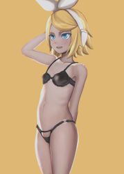 Rule 34 | 1girl, arm behind back, arm up, aruman, black bra, black panties, blonde hair, blush, bra, breasts, collarbone, female focus, frills, hairband, highres, kagamine rin, lace, lace-trimmed bra, lace-trimmed panties, lace trim, navel, open mouth, panties, pussy, pussy peek, short hair, simple background, small breasts, smile, solo, standing, uncensored, underwear, underwear only, vocaloid, white hairband, yellow background