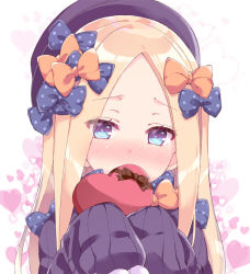 Rule 34 | 1girl, abigail williams (fate), black bow, black dress, black hat, blonde hair, blue eyes, blush, bow, box, brown ribbon, commentary request, covering own mouth, dress, eyes visible through hair, fate/grand order, fate (series), gift, gift box, hair bow, hands up, hat, heart, heart-shaped box, heart background, holding, holding gift, long hair, long sleeves, looking at viewer, nose blush, orange bow, parted bangs, polka dot, polka dot bow, ribbon, rioshi, sidelocks, sleeves past fingers, sleeves past wrists, solo, straight hair, upper body, valentine, white background