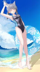 Rule 34 | 1girl, absurdres, animal ear fluff, animal ears, barefoot, beach, black one-piece swimsuit, blue archive, blue eyes, blue sky, breasts, cloud, commentary request, competition swimsuit, covered navel, cross hair ornament, day, eru aise, extra ears, feet, grey hair, hair ornament, halo, highres, horizon, innertube, legs, looking at viewer, low ponytail, medium hair, mismatched pupils, multicolored clothes, multicolored swimsuit, ocean, official alternate costume, one-piece swimsuit, one eye closed, outdoors, shiroko (blue archive), shiroko (swimsuit) (blue archive), sky, small breasts, solo, swim ring, swimsuit, toenails, toes, wolf ears