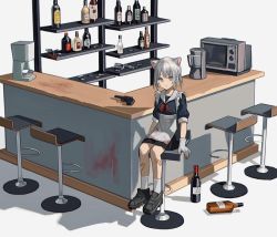 Rule 34 | 1girl, absurdres, alcohol, animal ear fluff, animal ears, apron, bandaid, bandaid on leg, bar (place), bar stool, black dress, black footwear, blood, blood on clothes, blood on wall, bottle, bow, bowtie, broken glass, cat ears, closed mouth, coffee maker, commentary, crt, dress, expressionless, full body, glass, gloves, grey eyes, grey hair, gun, handgun, highres, huge filesize, looking at viewer, maid, maid apron, microwave, original, red bow, red bowtie, revolver, shoes, short hair, short sleeves, sitting, socks, solo, stool, weapon, whiskey, white gloves, white socks, wine bottle, zumochi