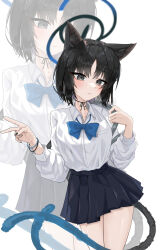 Rule 34 | 1girl, animal ears, black eyes, black hair, black nails, blue archive, blue bow, blue bowtie, blue halo, blush, bow, bowtie, cat ears, cat tail, choker, closed mouth, collared shirt, dragonchicken02, dress shirt, fingernails, halo, highres, kikyou (blue archive), looking at viewer, miniskirt, multiple tails, nail polish, pleated skirt, ribbon choker, shirt, shirt tucked in, short hair, simple background, skirt, solo, tail, thighs, two tails, white background, white shirt, zoom layer