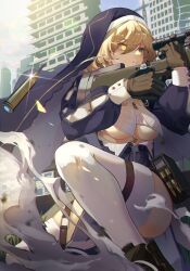Rule 34 | 1girl, agnes (counter:side), ai arctic warfare, blonde hair, blue hood, bolt action, breasts, brown gloves, building, city, counter:side, gloves, green eyes, gun, heterochromia, highres, holding, holding weapon, medium breasts, niac, on one knee, rifle, shell casing, skyscraper, smile, smoke trail, sniper rifle, solo, thighhighs, thighs, underboob, weapon, weapon request, white thighhighs, yellow eyes