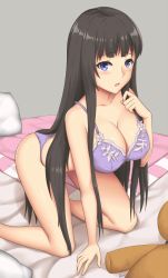 Rule 34 | 1girl, all fours, arcie albano, black hair, blanket, blue eyes, blush, breasts, cleavage, highres, hime cut, kami-sama no memo-chou, large breasts, lavender bra, lavender panties, long hair, aged up, open mouth, pillow, shionji yuuko, signature, simple background, stuffed animal, stuffed toy, teddy bear, very long hair