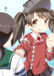 Rule 34 | 10s, 2girls, :d, absurdres, brown eyes, brown hair, commentary request, fubuki (kancolle), hand on another&#039;s shoulder, highres, japanese clothes, kantai collection, kariginu, long hair, low ponytail, magatama, multiple girls, open mouth, pleated skirt, ryuki (ryukisukune), ryuujou (kancolle), school uniform, serafuku, skirt, smile, translation request, twintails, visor cap