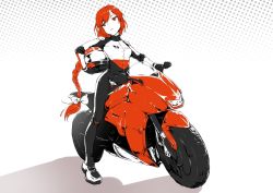 Rule 34 | biker clothes, black gloves, bow, braid, gloves, hair bow, helmet, highres, holding, holding helmet, long hair, motor vehicle, motorcycle, motorcycle helmet, okazaki yumemi, red eyes, red hair, solo, stank, touhou, touhou (pc-98), very long hair, white bow