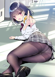 Rule 34 | 1girl, arm support, armband, ass, black footwear, black hair, blush, bow, bowtie, brown pantyhose, dappled sunlight, furrowed brow, hair ornament, hairclip, highres, index finger raised, indoors, kobayashi chisato, long sleeves, lying, on floor, on side, open mouth, original, panties, panties under pantyhose, pantyhose, plaid, plaid skirt, pleated skirt, pointing, pointing at viewer, red bow, red bowtie, school uniform, shirt, short hair, skirt, solo, sunlight, thighs, underwear, white shirt