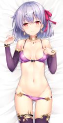 Rule 34 | 1girl, bad id, bad pixiv id, bikini, bikini pull, blush, breasts, choker, closed mouth, clothes pull, collarbone, cowboy shot, detached sleeves, earrings, fate/grand order, fate (series), gluteal fold, groin, hair ribbon, highres, jewelry, kama (fate), kama (first ascension) (fate), looking at viewer, lying, medium breasts, nail polish, navel, on back, orange eyes, purple bikini, purple thighhighs, ribbon, rin yuu, short hair, silver hair, small breasts, smile, solo, stomach, swimsuit, thighhighs