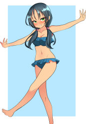 Rule 34 | 1girl, alternate costume, bare shoulders, barefoot, bikini, blue bikini, blue hair, blush, breasts, cleavage, collarbone, feet out of frame, green eyes, kantai collection, leg up, long hair, looking at viewer, low twintails, medium breasts, navel, one-hour drawing challenge, outstretched arms, solo, suzukaze (kancolle), swimsuit, tf cafe, twintails
