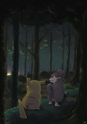 Rule 34 | commentary, commentary request, creature, dark, forest, from behind, gen 1 pokemon, graphite (medium), grass, ibui matsumoto, light, looking away, looking to the side, mushroom, nature, night, no humans, pikachu, pokemon, pokemon (creature), rattata, red eyes, traditional media, tree